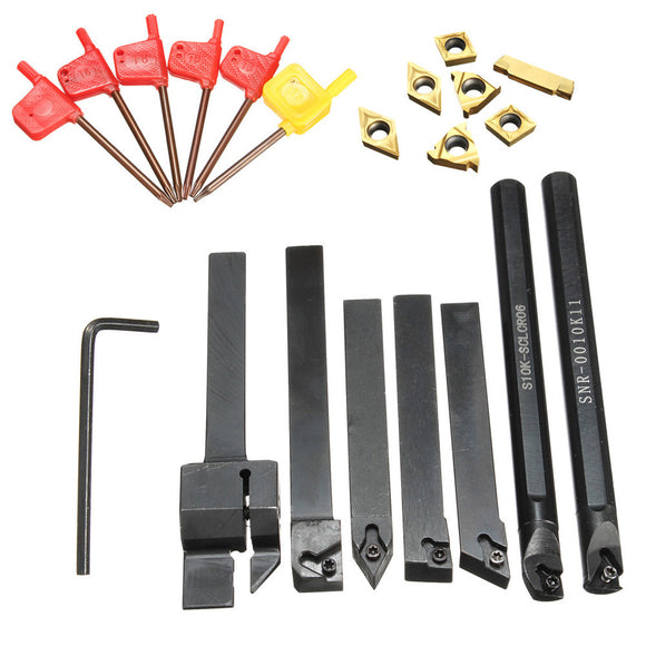 7pcs 10mm Lathe Turning Boring Bar Tool Holder with T8 Wrenches and Carbide Inserts