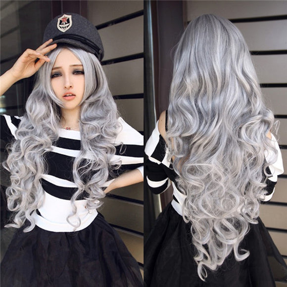 Grey Full Cosplay Wigs Costume Womens Long Curly Wavy Hair Halloween 80cm
