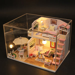 Hoomeda M033 Pink Loft DIY House With Furniture Music Light Cover Miniature Decor Toy