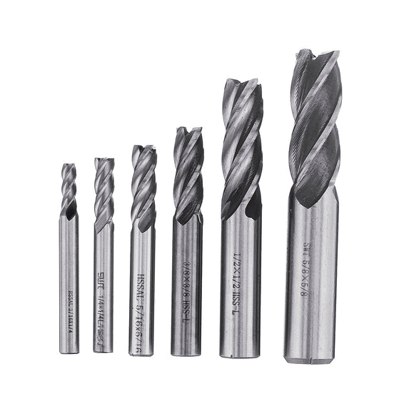 Drillpro 6pcs 3/16-5/8 Imperial Milling Cutter Set High Speed Steel CNC Milling Bit Spiral End Mill Cutter