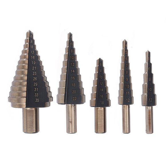 Drillpro 5pcs 4-35mm HSS Step Drill Bit Set Multiple Hole Metric Size with Aluminum Case