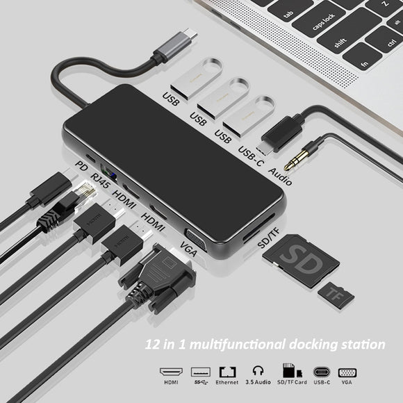 MST 12-in-1 Multi-screen USB-C Hub Docking Station Adapter With Dual 4K HDMI HD Display / 1080P VGA / 87W USB-C PD3.0 Power Delivery / USB-C Data Transfer Port / RJ45 Network Port / 3.5mm Audio Jack / 3 * USB 3.0 / Memory Card Readers