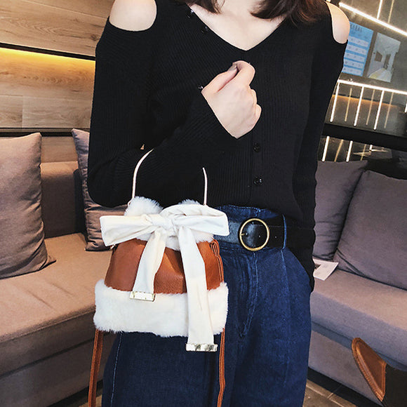 Plush Bow Handbag Bucket Bag Shoulder Bag For Women