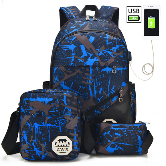 3Pcs Men's Women's Waterproof Laptop Bag Travel Backpack With External USB Charging Port