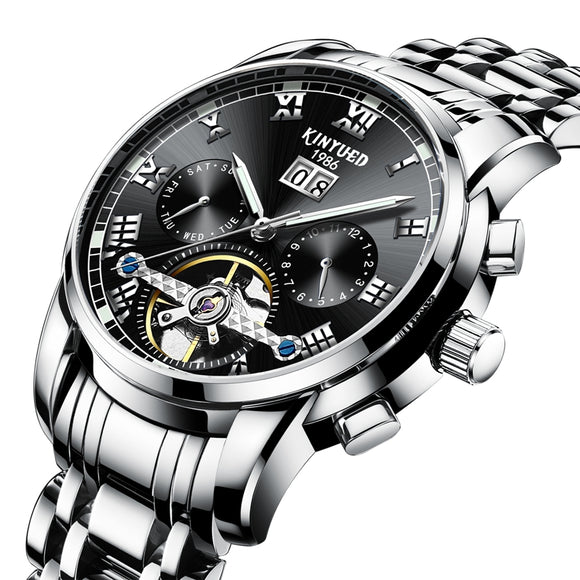 KINYUED J014 Stainless Steel Automatic Mechanical Watch Business Style Skeleton Men Watch