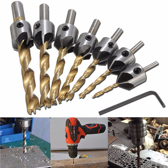 7pcs 3-10mm 5 Flute HSS Countersink Drill Bit Set Carpentry Reamer Woodworking Chamfer End Milling