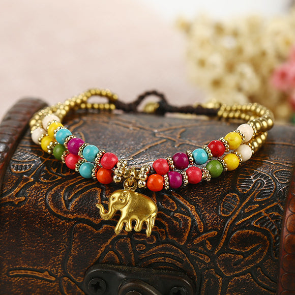 Vintage Elephant Pendant Colorful Beads Bangle Hand-wove Adjustable Bracelet for Women
