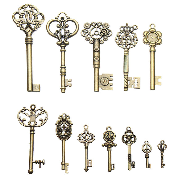 12Pcs Vintage Bronze Key For Pendant Necklace Bracelet DIY Handmade Accessories Decoration