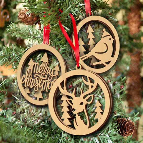 3Pcs Hollow Small Pendant Elk Birds Plain Natural Wood Christmas Ornaments Wedding Home Decorations