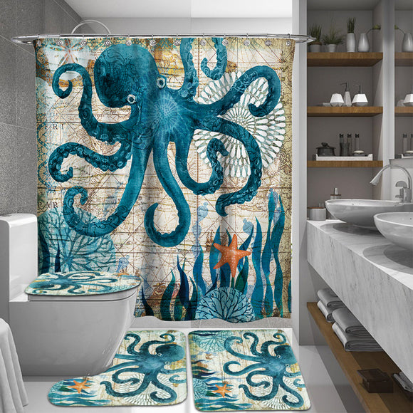 165/180cm Octopus Waterproof Bathroom Shower Curtains With C-shaped Curtain Hooks