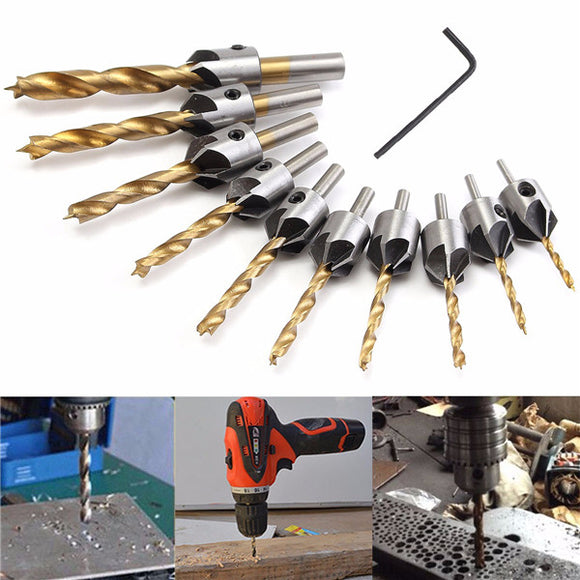 3-10mm HSS 5 Flute Countersink Drill Bit Set Carpentry Reamer Woodworking Chamfer Drill Bit