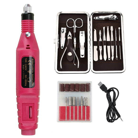 USB Electric Nail Drill Machine Bits 6File Tool Nail Clipper Set Acrylic Art Manicure Tool