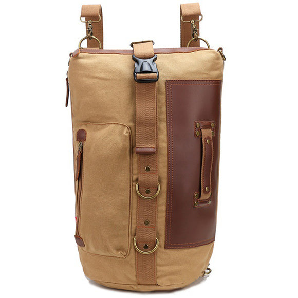 Men Canvas Mountaineering Casual Hang Bag Cylindrical Backpack