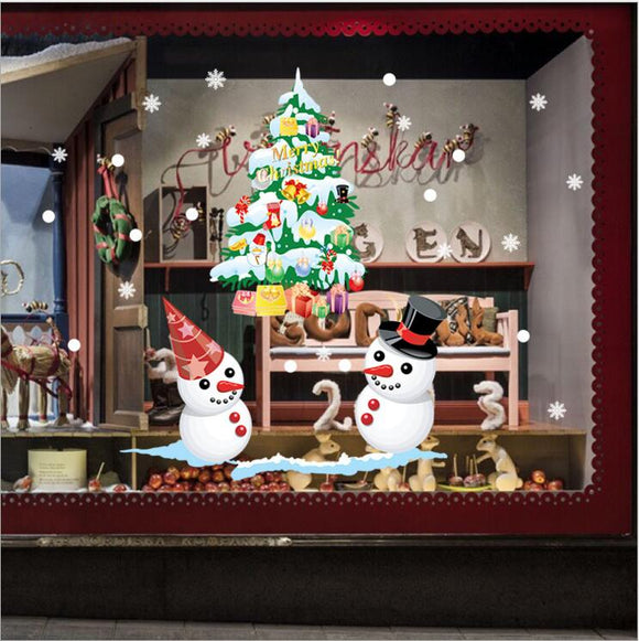 Christmas Shop Window Showing White Snowman Color Christmas Tree Wall Stickers