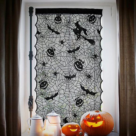 Halloween Lace Window Door Curtains Witch Pumpkins Bats Cloth Haunted House Decor