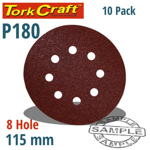 SANDING DISC 115MM 180 GRIT WITH HOLES 10/PK HOOK AND LOOP