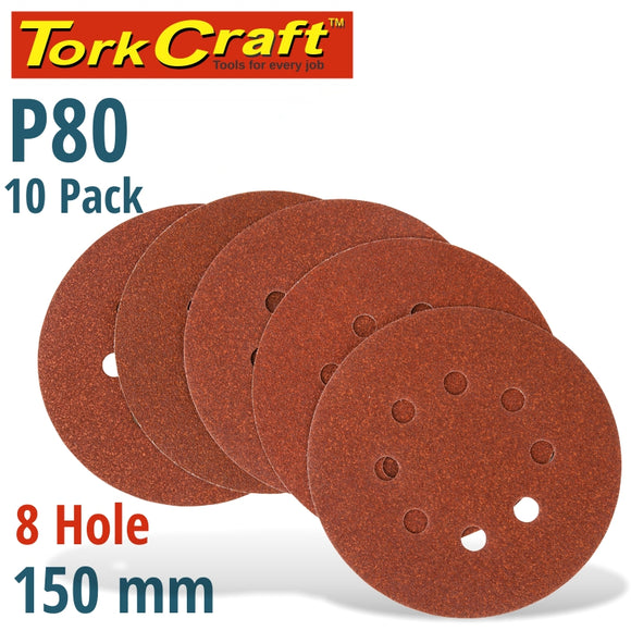 SANDING DISC 150MM 80 GRIT WITH HOLES 10/PK HOOK AND LOOP