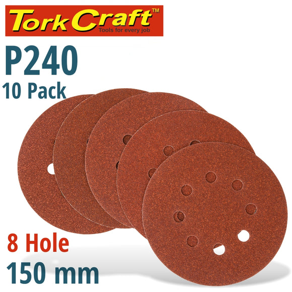 SANDING DISC 150MM 240 GRIT WITH HOLES 10/PK HOOK AND LOOP