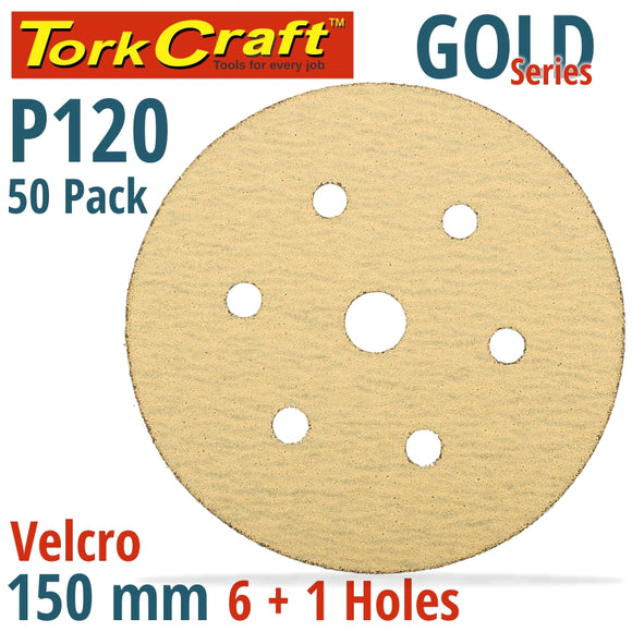 GOLD DISC (50 PIECES) 120 GRIT 150MM X 6+1 HOLES HOOK AND LOOP