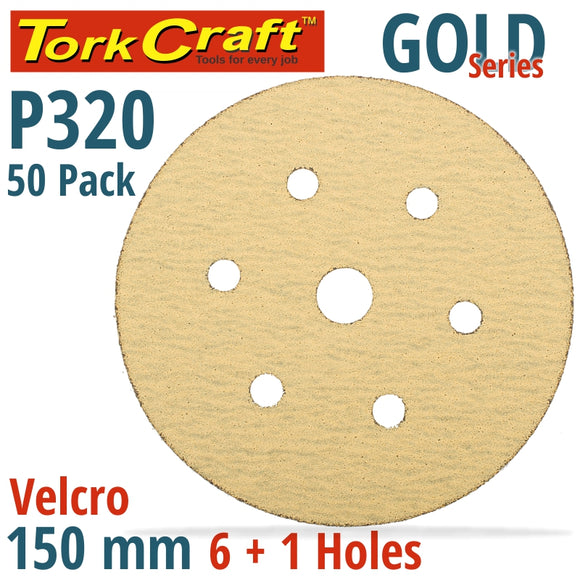 GOLD DISC (50 PIECES) 320 GRIT 150MM X 6+1 HOLES HOOK AND LOOP