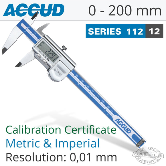 ACCUD COOLANT PROOF DIGITAL CALIPER WITH CALIBRATION CERT 0-200MM