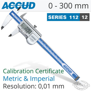 ACCUD COOLANT PROOF DIGITAL CALIPER WITH CALIBRATION CERT 0-300MM