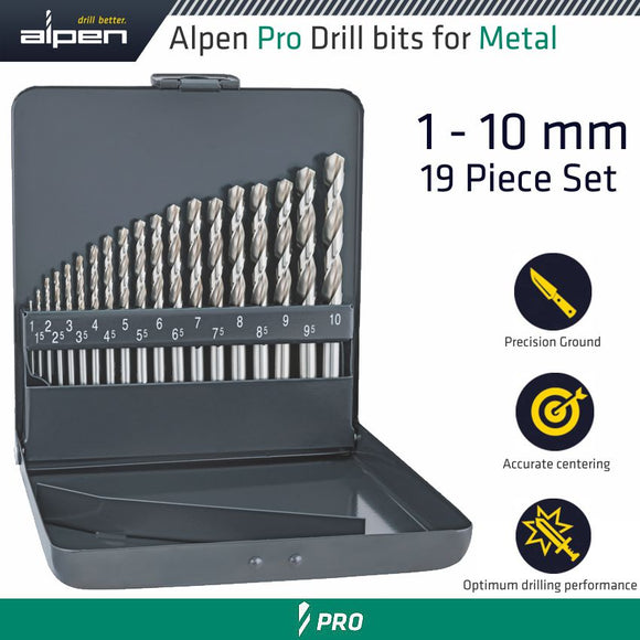 ALPEN PRO 19-PCS HSS-G 1 -10 X 0.5MM METAL CASE 135 SPLIT POINT SET