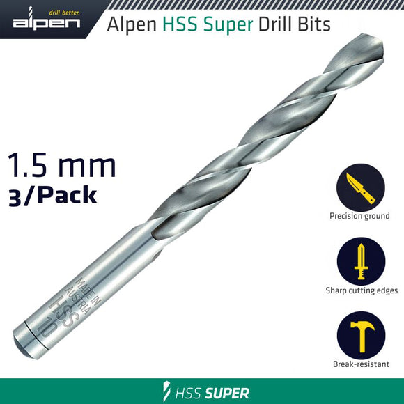 HSS SUPER DRILL BIT 1.5MM 3/PACK