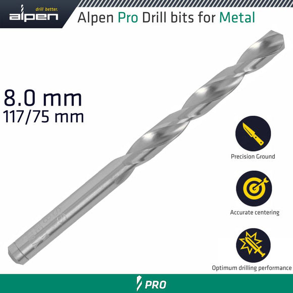 ALPEN PRO HSS 8MM DRILL DIN 338 RN 135 SPLIT POINT PLASTIC WALLET