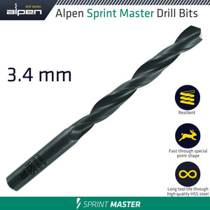 HSS SPRINT MASTER 3.4MM X1 SLEEVED DIN338 ALPEN DRILL BIT