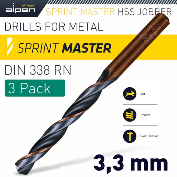 HSS SPRINT MASTER  3.3MM X3 SLEEVED DIN338 ALPEN DRILL BIT