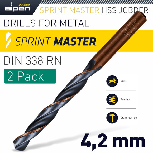 HSS SPRINT MASTER  4.2MM X2 SLEEVED DIN338 ALPEN DRILL BIT