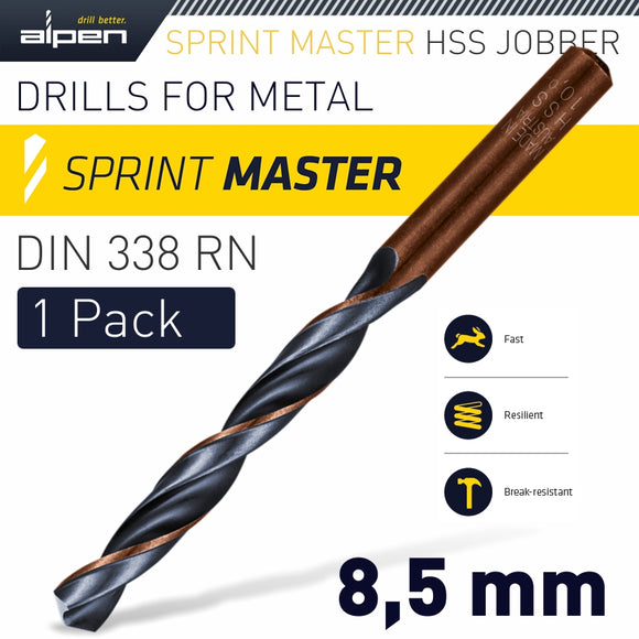 HSS SPRINT MASTER  8.5MM X1 SLEEVED DIN338 ALPEN DRILL BIT