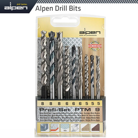 ALPEN 9 PCE SET WOOD.HSS SUPER AND MASONRY 5MM-6MM AND 8MM