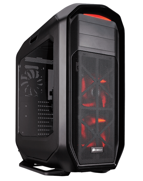 Corsair CC-9011063 graphite 780T - all blacK with rounded corner + latched windowed side panel + red led + 3-speed fan controller , support upto 2x 360mm radiator , support 355mm long card , no psu ( bottom placed psu design )