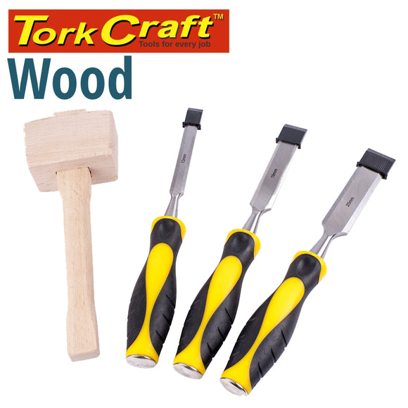 CHISEL SET WOOD 3 PIECE PLUS WOODEN MALLET BLISTER