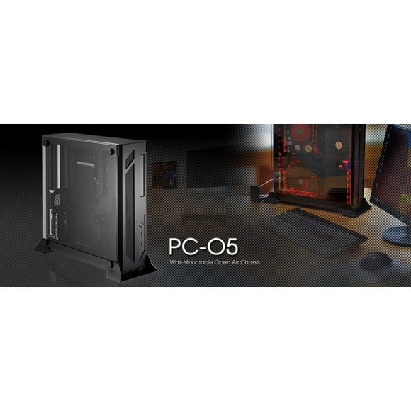 Lian-li PC-o5X wall-mountable open to air case with full-sized tempered glass side panel , 390x384x148mm slim , all black , No psu ( SFX psu required )