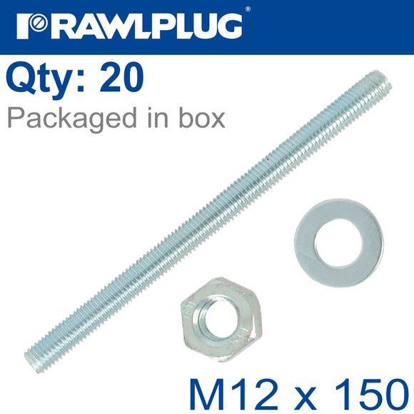 STUD M 12 X 150 X20 PER BOX 8.8 HDG WITH NUTS AND WASHERS