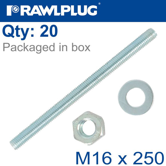 STUD M 16 X 250 X20 PER BOX GALV WITH NUTS AND WASHERS