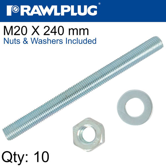 STUD M 20 X 240 X10 PER BOX WITH NUTS AND WASHERS