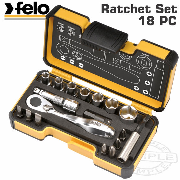 FELO 057 MIN.RATCHET SET 18PCS BIT/SOCK. 1/4' STRONGBOX