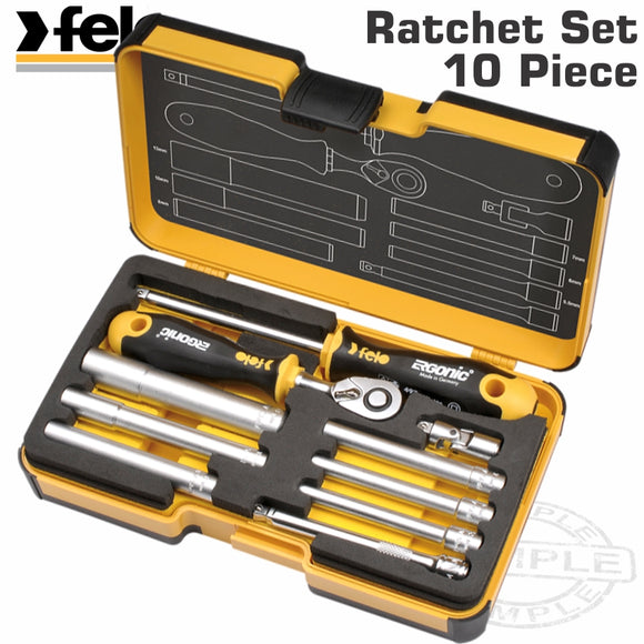 FELO 057 ERG. RATCHET SET 10PCS NUT DR. 1/4' STRONG BOX