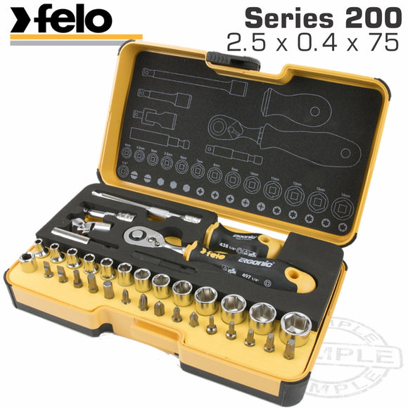 FELO 057 ERG. RATCHET SET 36PCS BIT/SOCK. 1/4' STRONGBOX