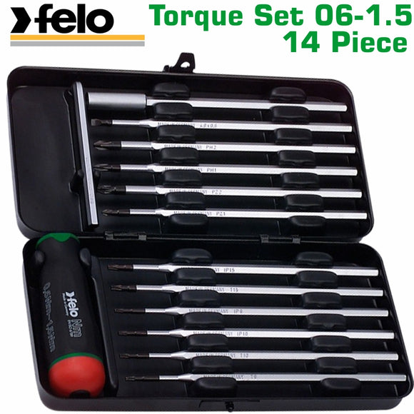 FELO 100 TOR. S/DRIVER SET 14PCS 0.6-1.5NM GREEN METAL CASE