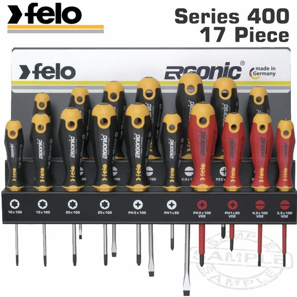 FELO 400 S/DRIVER SET 17PC ERGONIC/VDE XXL-STEEL RACK SL/PH/PZ/TX WALL