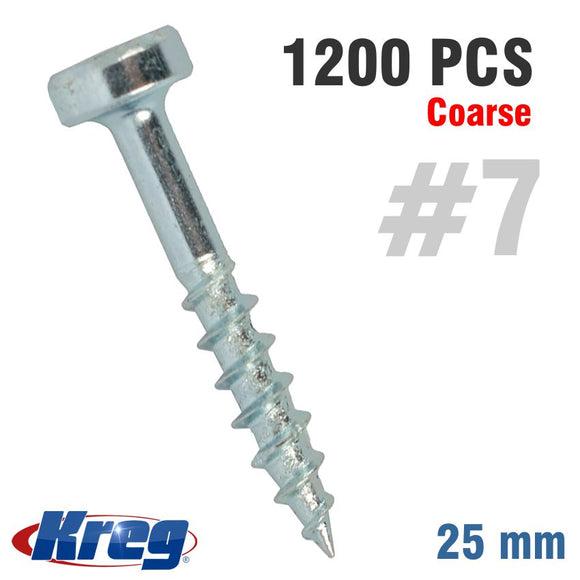 KREG ZINC POCKET HOLE SCREWS 25MM 1.00' #7 COARSE THREAD PAN HEAD 1200