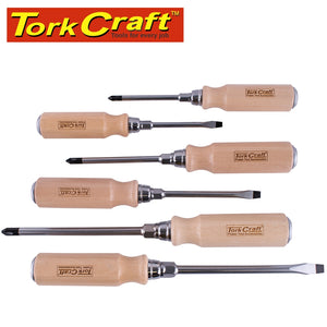 6PC SCREWDRIVER SET WOODEN HANDLE HAMMER USE & HEX SPANNER GRIP