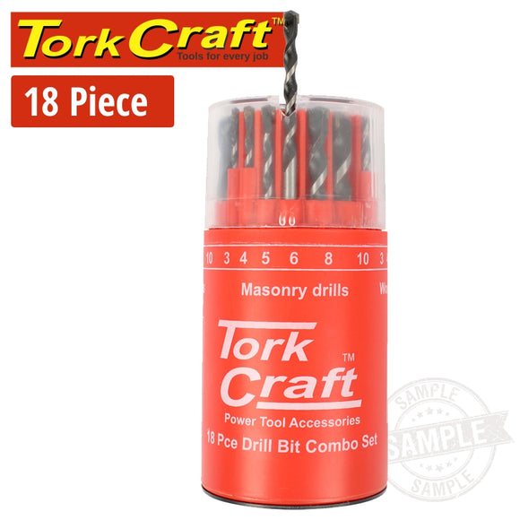 DRILL BIT 18 SET COMBO WOOD + MASONRY + HSS IN  RED PLASTIC CONTAINER