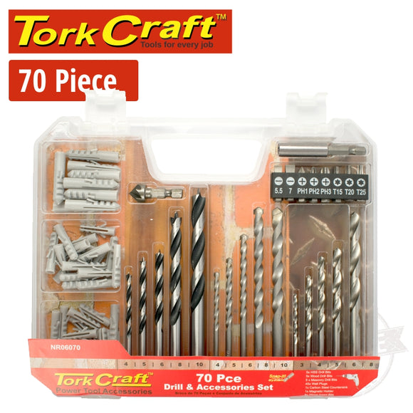 DRILL BIT & ACCESSORY SET 70PC IN PLASTIC CARRY CASE