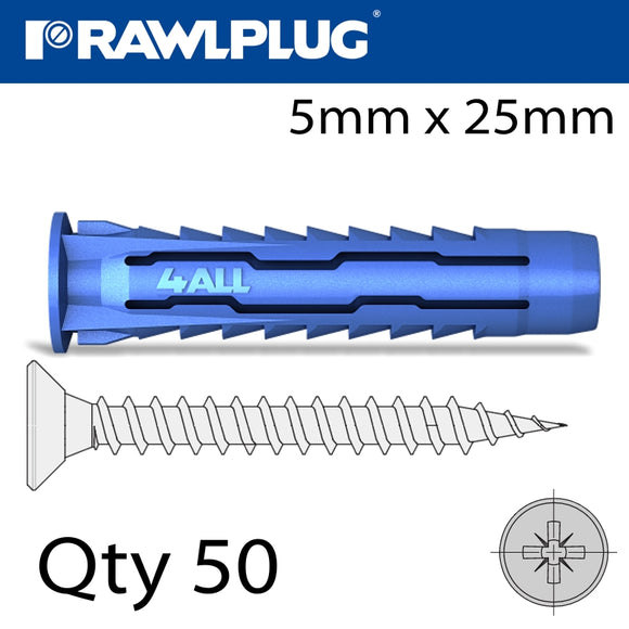 UNIVERSAL NYLON PLUG+SCREWS 5MMX25MM X50-BOX